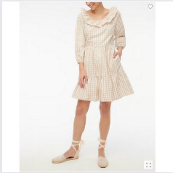 J. Crew Dresses & Skirts - J. Crew Gingham Ruffleneck Mini dress, Light Khaki, Cottagecore, Tan White